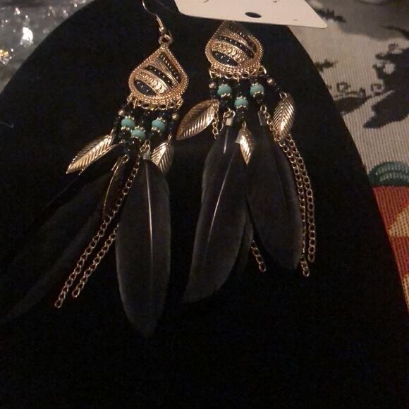 Black gold and teal bohemian feather drop earrings w dangle rope fringe tassel - Picture 7 of 7
